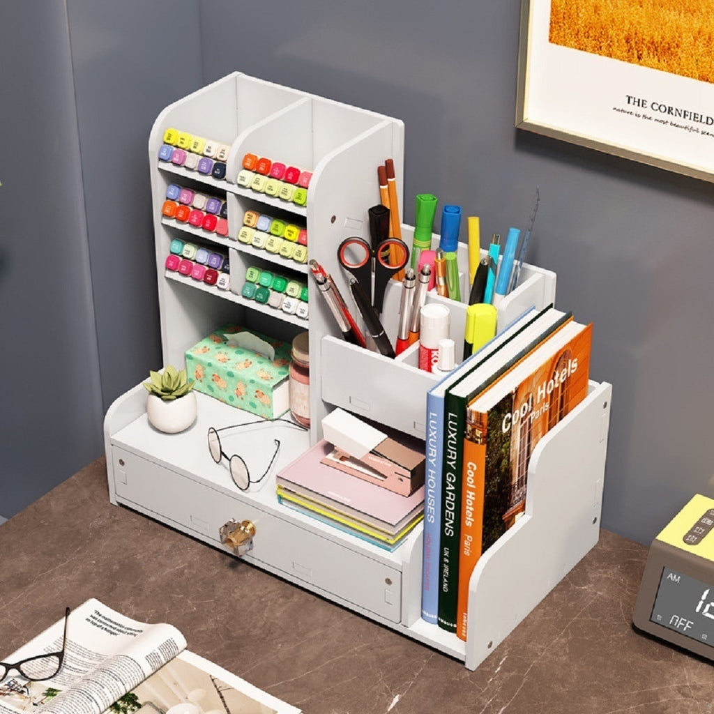 Multi-Functional High-Capacity Desk Storage Box with Slanted Pen Holder